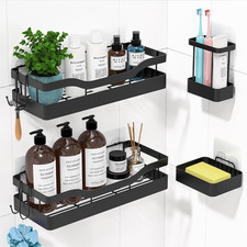 Heavy-Duty Adhesive Shower Caddy, Black Organizer No Drill Wall Mounted Stainl