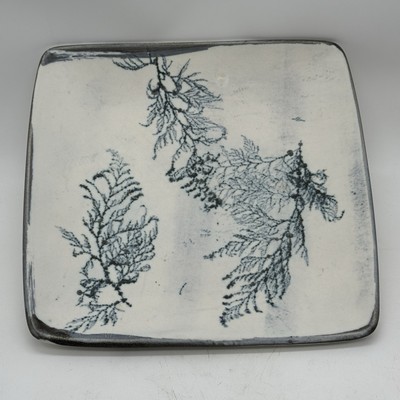 Yiri Studio Pottery Dish Vintage Handcrafted White With Blue Leaf Design Signed