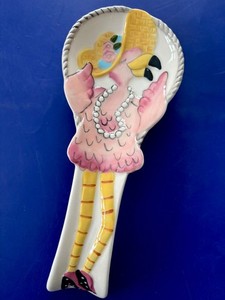 Blue Sky Ceramic Fancy Flamingo Spoon Rest Pink Polka Dotted High Heels Pearls