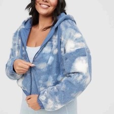 Aerie OFFLINE Blue Tie Dye Sherpa Fleece Full Zip Hoodie Jacket Cropped Large