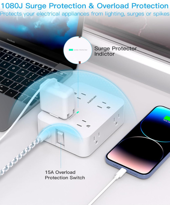 Surge Protector Power Strip - HANYCONY 8 Outlets 2 USB (2 USB C) Charging Ports