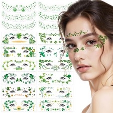 18pcs St Patricks Day Face Tattoos for Women, Green Glitter Shamrock Temporar...