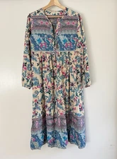 R. Vivimos Floral Embroidered Kaftan Dress Size S Womens 4-6 Peacocks Boho