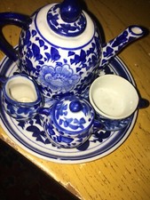 VINTAGE COBALT BLUE AND WHITE LOTUS FLOWER PORCELAIN CHILD TEA SET