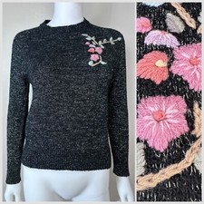 Vintage 1980s Black and Silver Sweater with Floral Embroidery 80s Port Camard