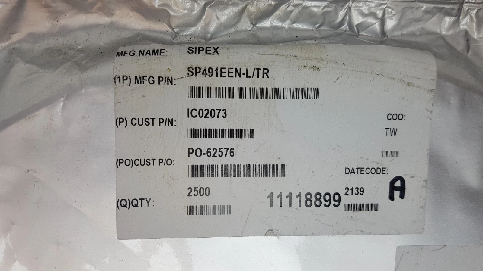 Sipex label: SP491EEN-L/TR, Qty 2500, date code 2139, country of origin TW