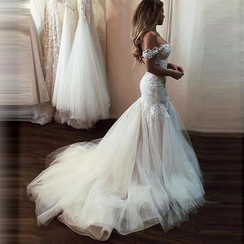 Off Shoulder Wedding Dress Mermaid Chiffon Bridal Dress Backless Lace Decal  HOT - Picture 4 of 10