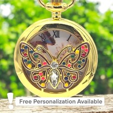 Jewel Butterfly Pocket Watch   Vibrant Crystals, Gold Finish, Fashion Accessory