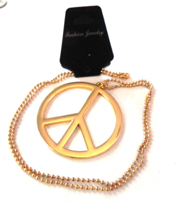 LARGE PEACE SIGN Symbol Pendant NECKLACE Ball bead  Chain Round GOLD Tone NICE