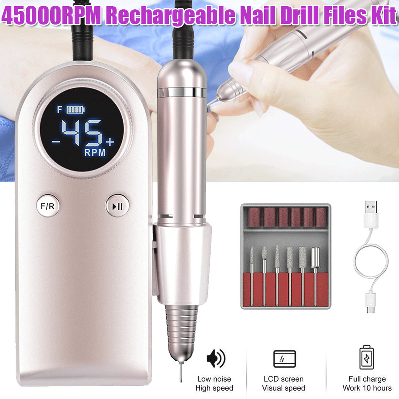 45000RPM USB LCD Electric Nail Drill Machine Portable Nail File Rechargeable USA
