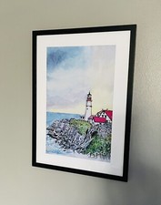 Wall Art Print, Lighthouse & Coastline, Original Artwork, Home Decor, Framed.