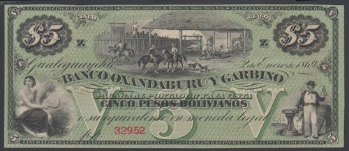 Argentina 5 Pesos Bolivianos 1869 AU- P. S1783r, Banknote, Uncirculated
