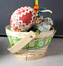 Woven Easter Basket with 15 Handcrafted Material Eggs Easter Decor Lot 3946BMT