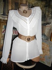 L White Blouse Semi Sheer Ruffle Deep V-Neck Long Sleeve Romantic