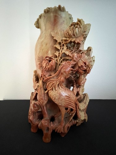 Antique Chinese hand-carved soapstone vase with birds and ornate flowers - 第 1/13 張圖片