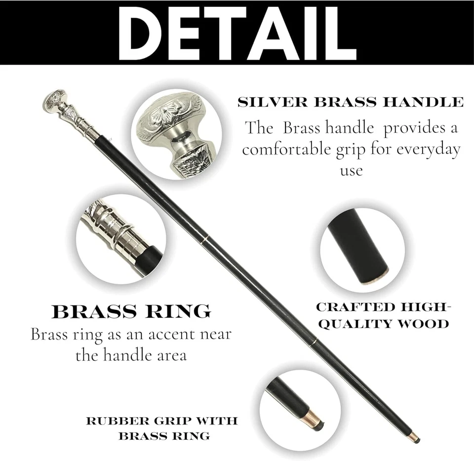 Antiguo bastón de madera vintage bastón de latón plateado mango perilla Foto 2 de 4