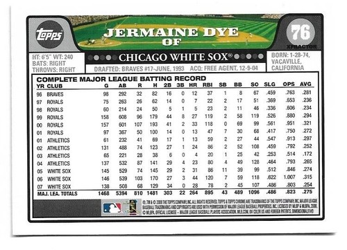 Jermaine Dye 2008 Topps Chrome Xfractor #76 Chicago White Sox - Bild 2 von 2