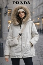 PRADA Sport Linea Rossa Gore-Tex Jacket Womens 42 White Real Fur Hood Nylon Coat