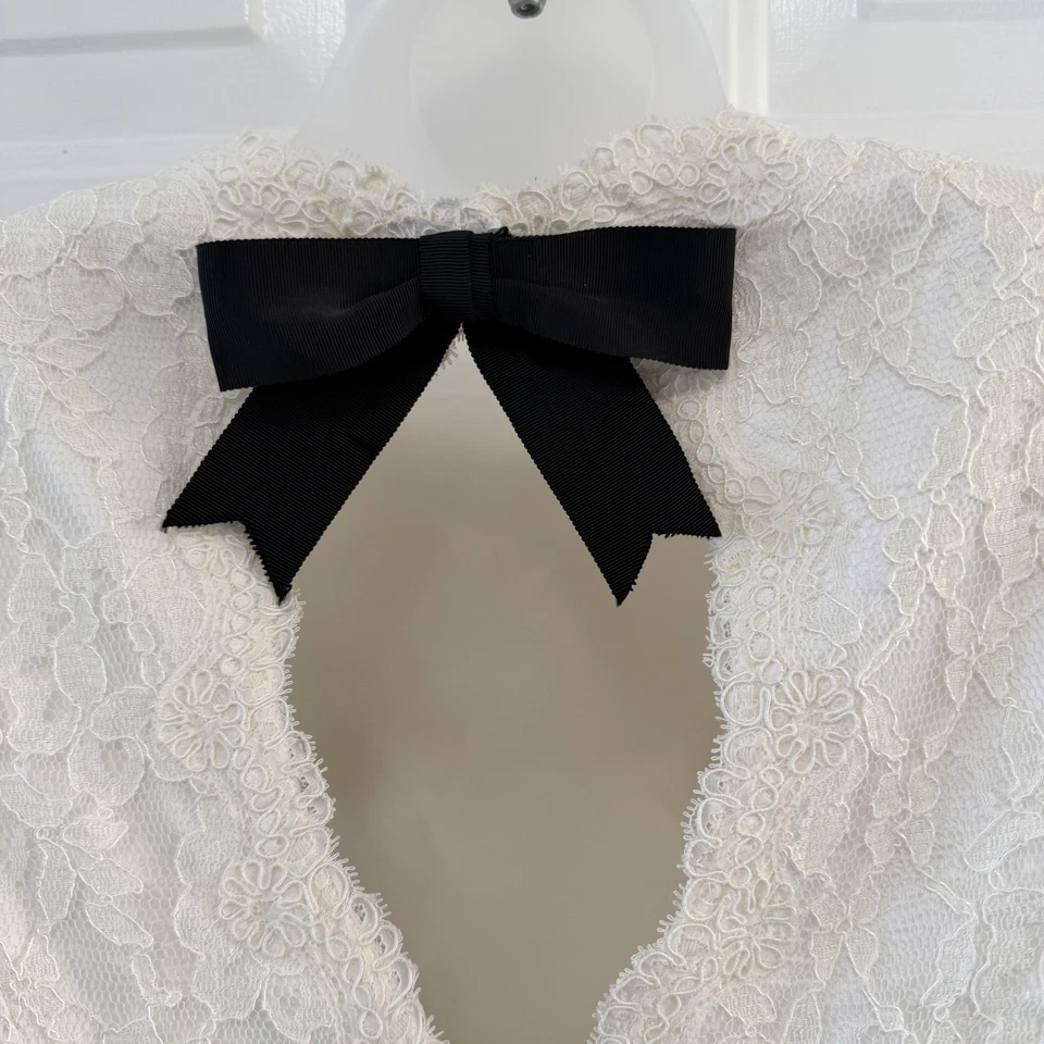 Vestido de noche vintage Bill Blass para mujer 10 blanco encaje negro lazo espalda abierta años 90 Foto 3 de 4