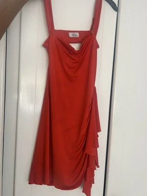Oh polly dot Red Satin Cowl Neck Strappy Slip Dress Ruffle Layered Knee Length S - Image 1 of 2
