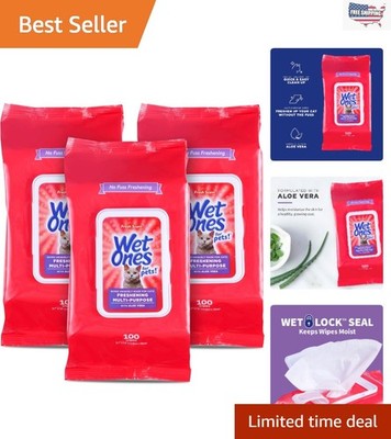 Gentle Freshening Cat Wipes with Aloe Vera, 100 ct - 3 Pack for Easy Grooming