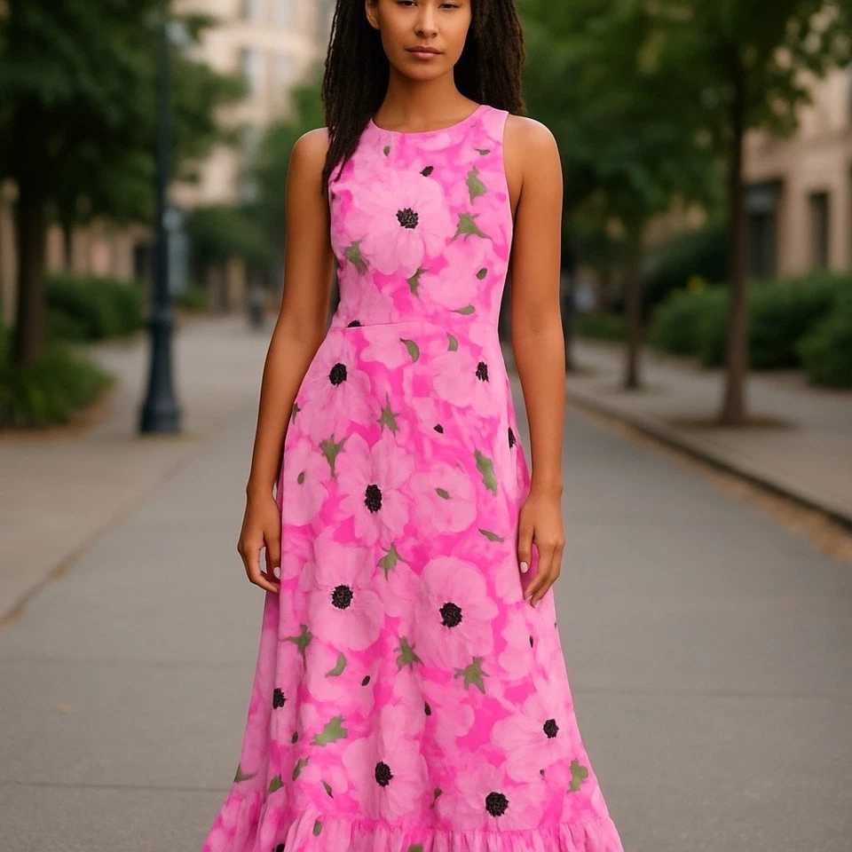 Maxi Vestido French Connection Mujer 100% Seda Floral Sin Mangas Talla 2 Rosa Usado en Excelente Condición Foto 2 de 4