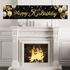Happy 50Th Birthday Banner for Men Women Sign Black Gold Glitter 50 Years Old Bi