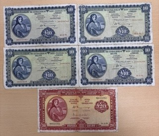 5 IRISH LADY LAVERY SERIES A BANKNOTES. Four £10 & One £20.
