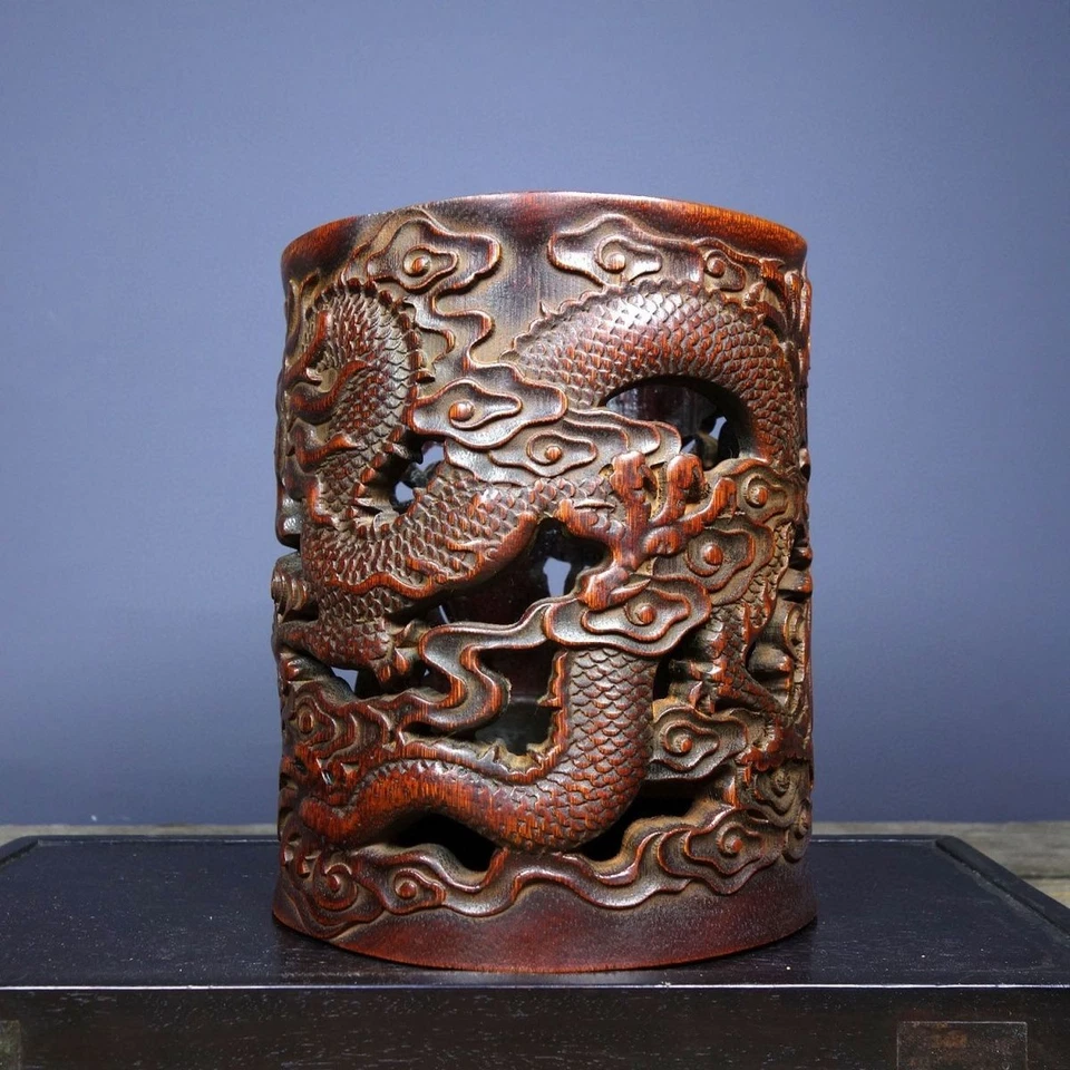 6.3" Collection China Bamboo Carving Dragon Phoenix Cloud Hollow Out Brush Pot - Image 3 of 4