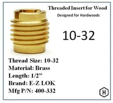 E-Z Lok P/N 400-332, 10-32 Threaded Brass Insert For Wood (10 Pieces)