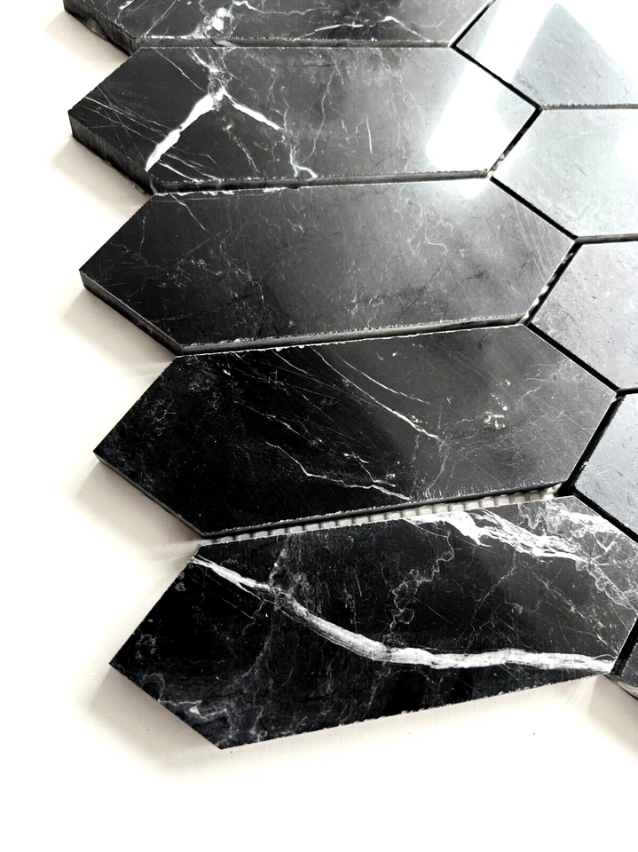 Salpicadero de mosaico de mármol negro 2x6 y azulejo de pared de cocina para baño Foto 3 de 4