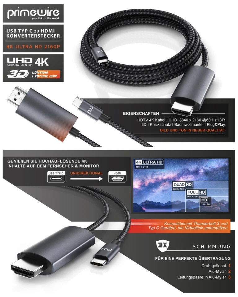 Primewire 2m USB Typ C zu HDMI Konverterkabel - 4K Kabel - UHD 3840x2160@60Hz 3D - Bild 3 von 4