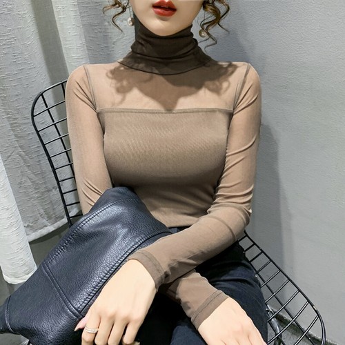 Womens Sexy Turtleneck Pullover T-Shirts Mesh Long Sleeves Slim Fit Tops Party - Picture 35 of 37