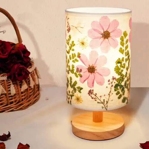 Dried Flowers Table Lamp 5W LED 3 color Pressed Flower Bedside Lamp Linen Shade-image