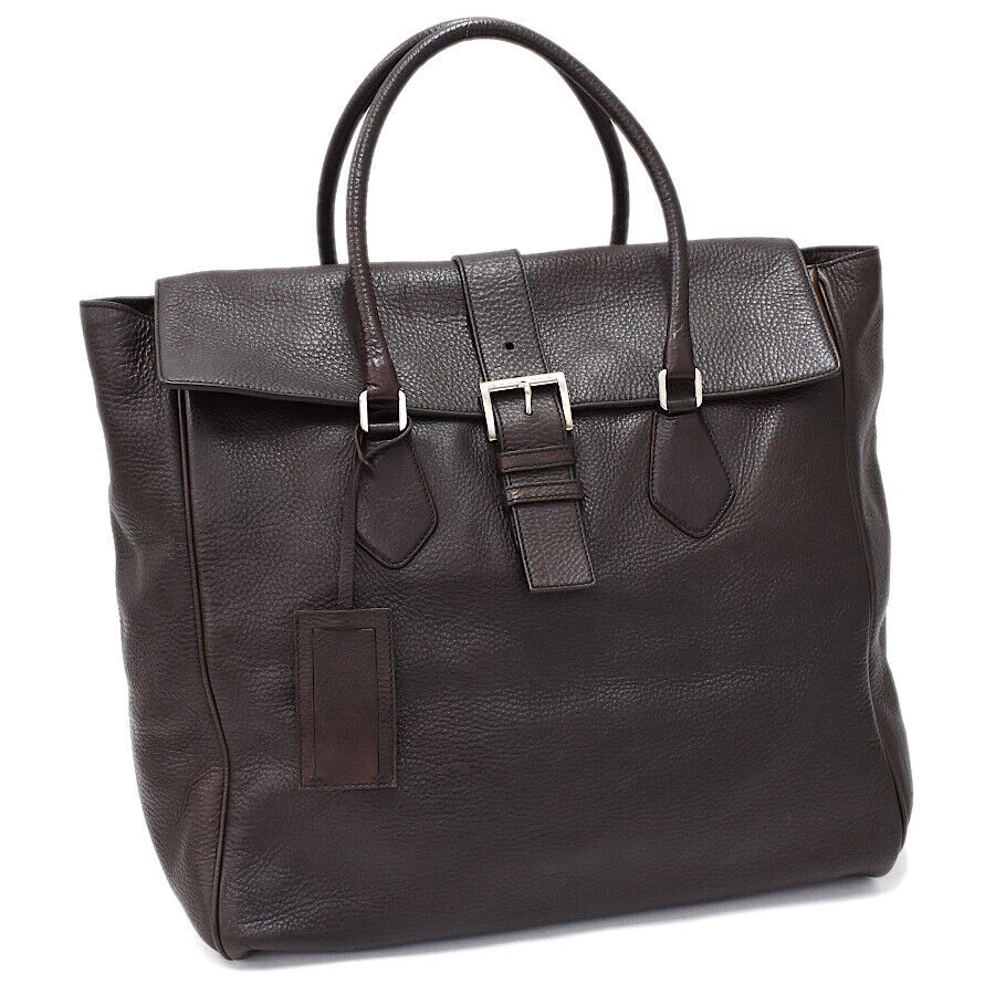Auth PRADA Big Toto Bag Triangle Logo Plate Hand Bag Dark Brown Leather s4f5