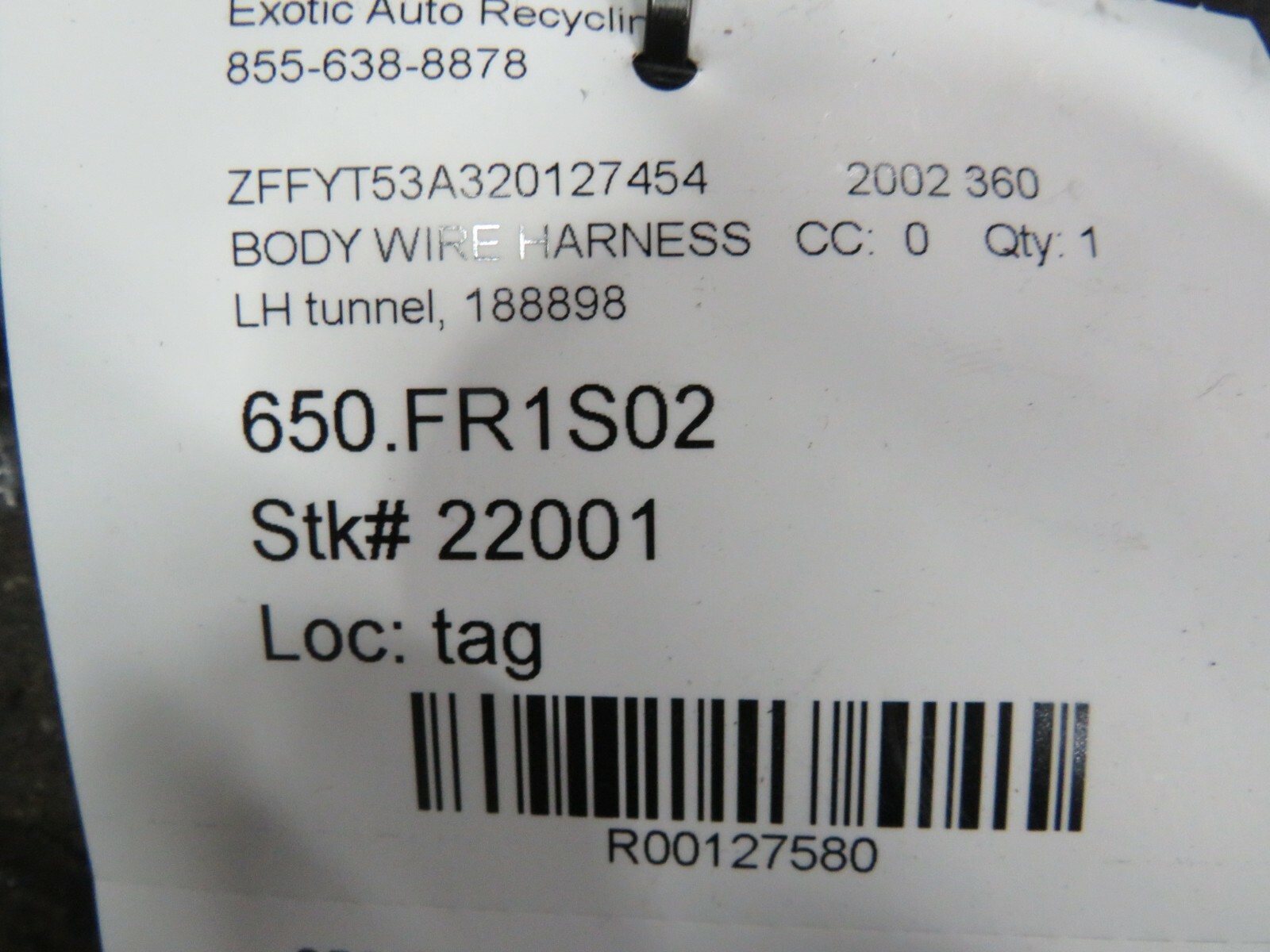 Ferrari 360, Spider, LH, Left, Tunnel Wire Harness, Used, P/N 188898