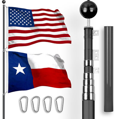 NEW G128 USA, Texas Flag 3x5FT Emb Spun Poly & 20FT Telescoping Flagpole Black