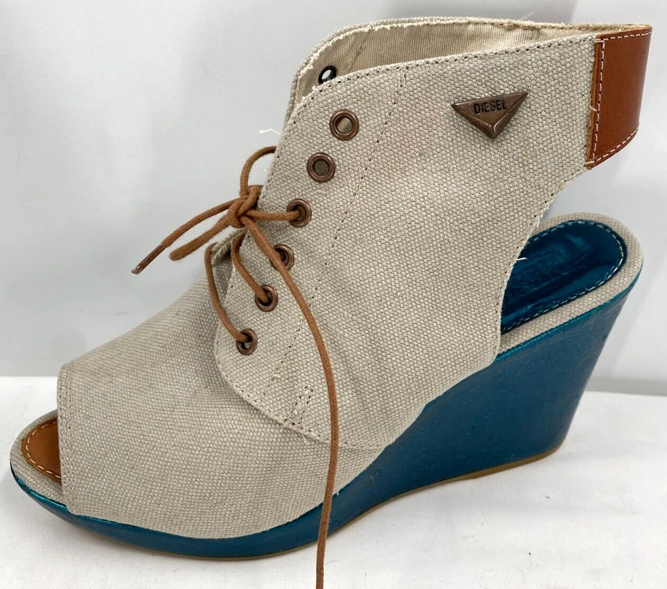 DIESEL Canvas Leather Chunky Wedge Heels Shoes Lace Up Booties Sandals Sz 40 (9) - Image 4 of 4