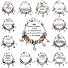 Zodiac Charm Bracelet Murano & Silver Metallic Beads Gift Box Included