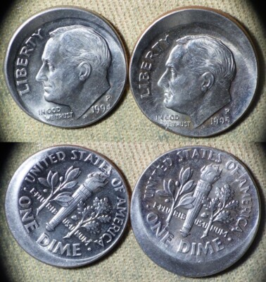 Errors : Lot 2 Coins 1994P+1995P Dime BS, Off Center Full Date IREC3216