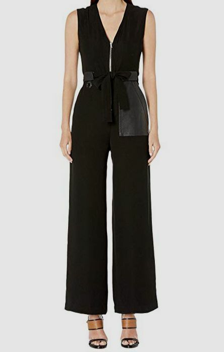 $700 Yigal Azrouel Women's Black Front-Zip Suiting Wide-Leg Jumpsuit Size 8