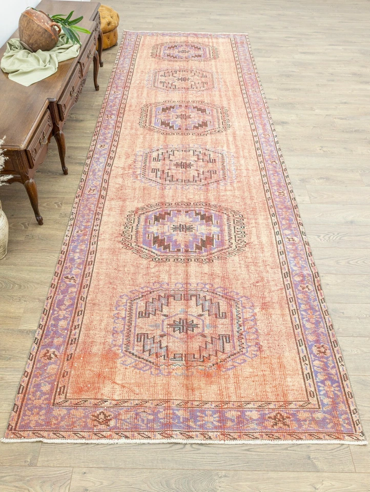 Distressed Turkish Runner 4.9x14.3 ft – Peach Coral & Lilac – Long Hallway Rug - Image 4 of 4