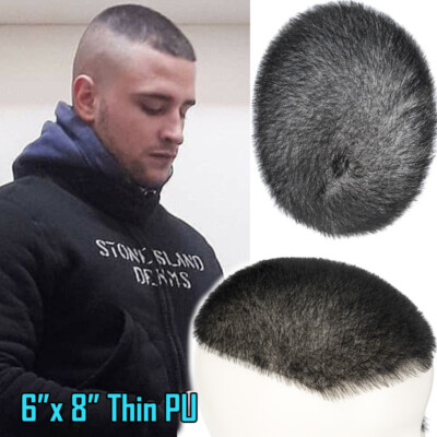 Ultra Thin Skin Slicked Back Mens Human Hair Toupee Topper System Buzz Cut 6''X8''