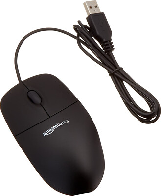 Amazon Basics 3-Button Black Wired USB Mouse - New