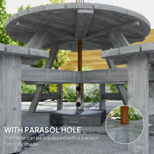 Outdoor Wooden Picnic Table with Bench 8 Seater Parasol Hole Grey Patio Round - Picture 8 of 14