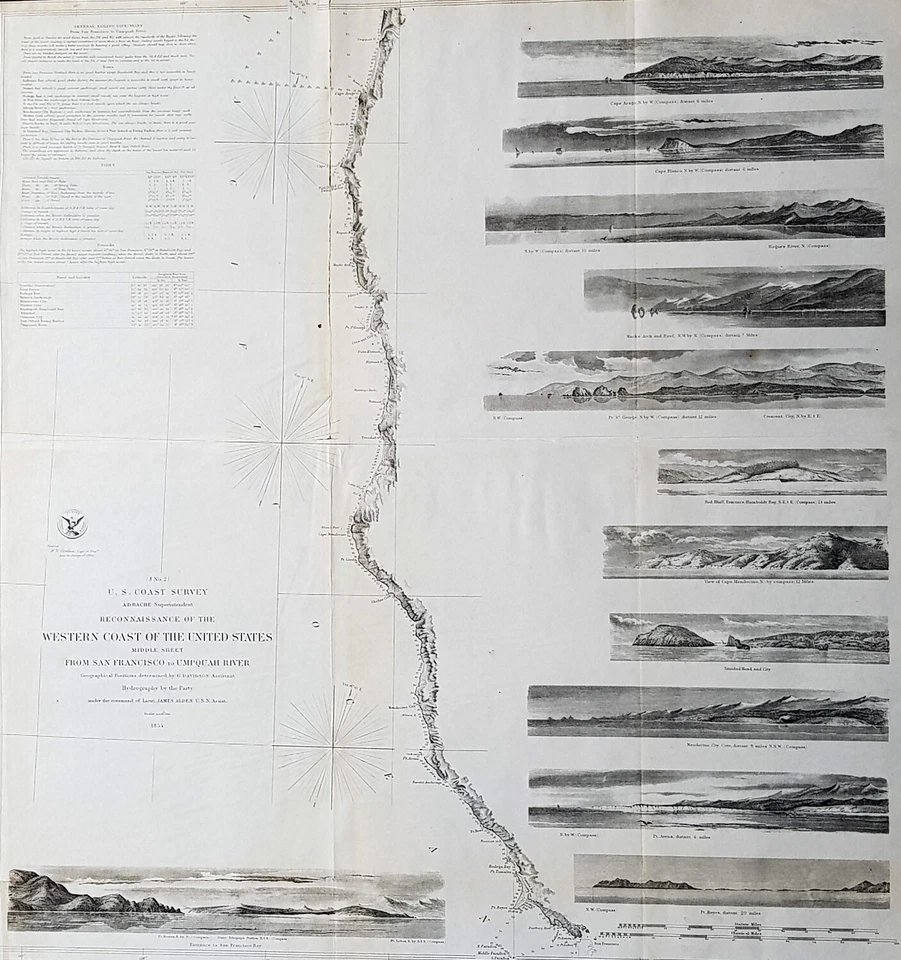 Редкая антикварная карта побережья США 1854 г. от Сан-Франциско до Умпкуа Р. Орегон - Изображение 2 из 3