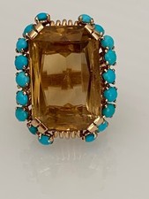 2419 - Anello Anni '40 Oro Giallo Citrino Turchese