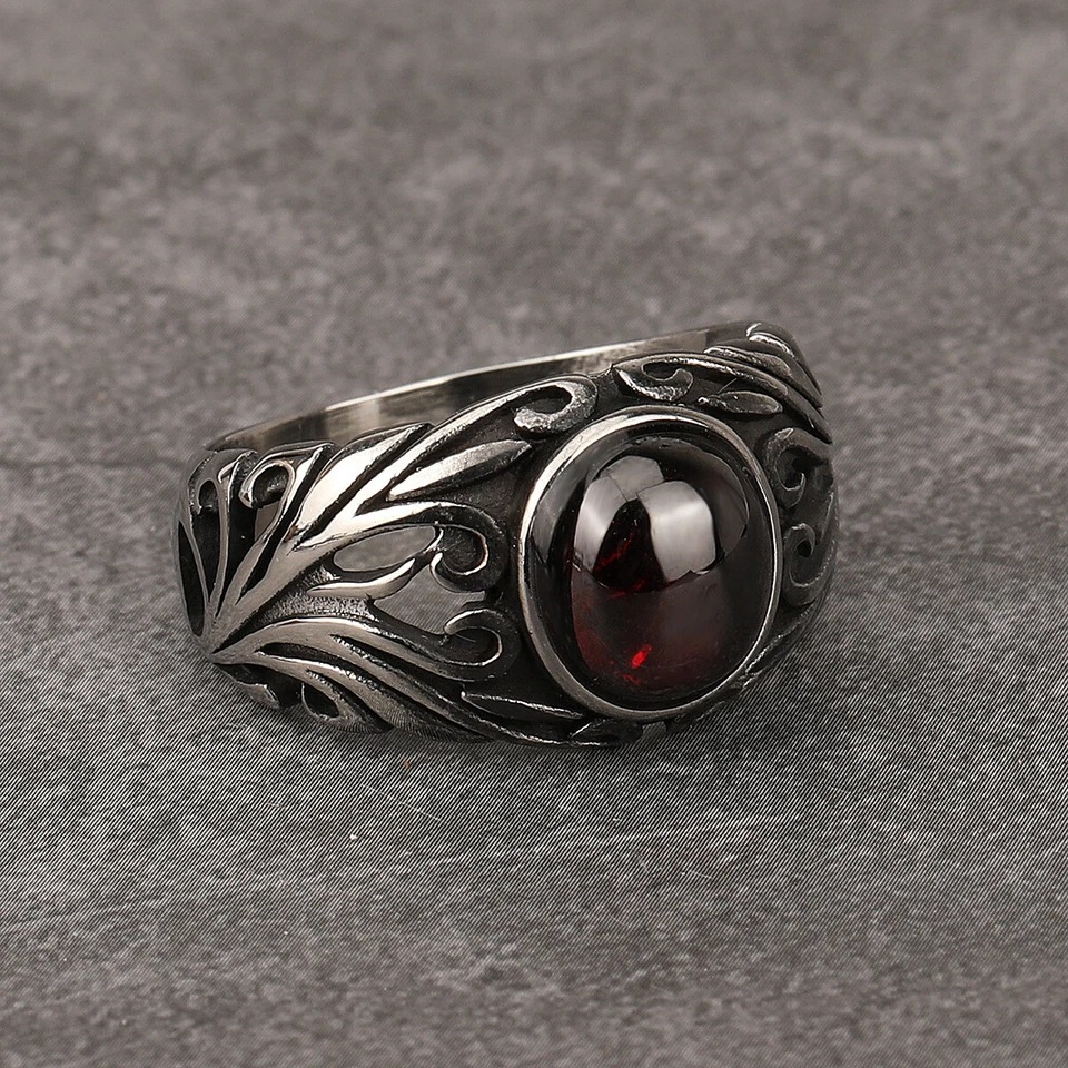 Anel de granada oval de flor de íris vintage aço inoxidável retrô casamento motociclista anel - Imagem 2 de 4