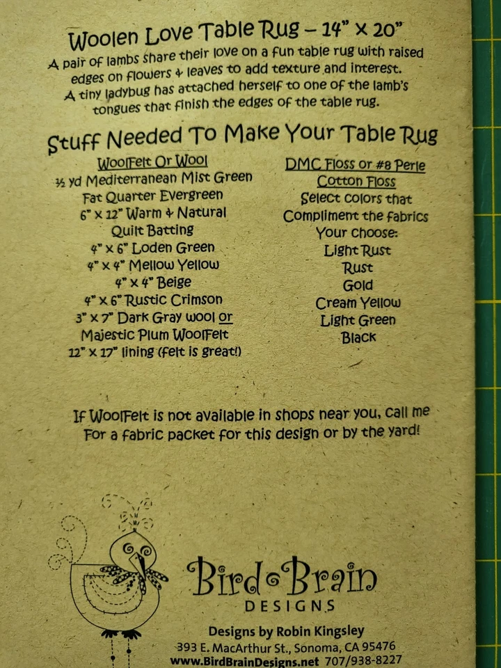 BIRD BRAIN DESIGNS "WOOLEN LOVE TABLE RUG" PATTERN - Image 2 of 2