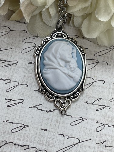SILV Madonna Mary Child Jesus MOM Heart Jewelry White Mothers Day necklace Cameo - Picture 3 of 8